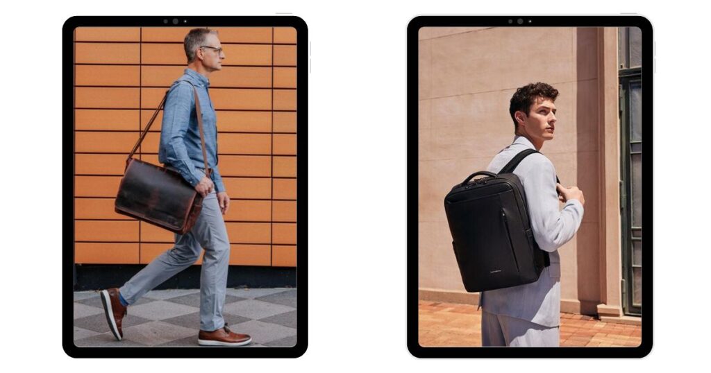 leather backpack and messenger bag for office and travel use