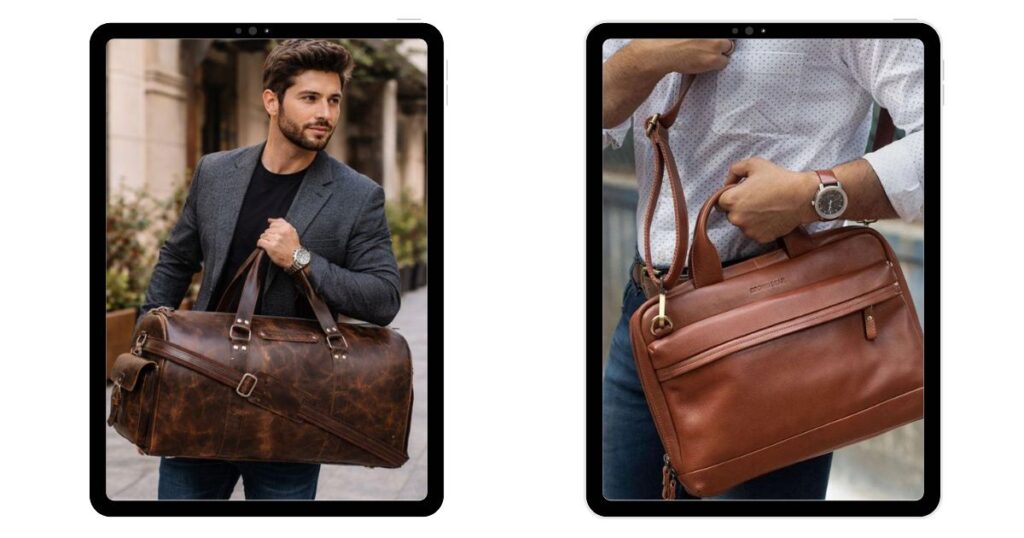 leather duffle bag and laptop bag for office and travel use